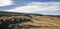 Autumn panorama of a mountain gentle slope with a forest of pine and deciduous yellowed trees with snow in the shade