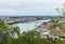 Autumn panoramic view from Gellert Hill to Pest side of Budapest and Petofi Bridge and river Danube on stormy weather. Budapest,