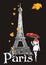 Autumn in Paris. Illustration on an abstract striped background with the inscription in French. Isolated on a black background.