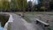 Autumn park, asphalt path with benches and a pond