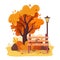 Autumn park with bench, coffee, falling leaves, tree and lantern.