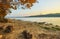 Autumn park, city panoramic view, Paton bridge with blue sky and