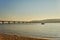 Autumn park, city panoramic view, Paton bridge with blue sky and