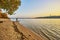 Autumn park, city panoramic view, Paton bridge with blue sky and clouds