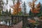 Autumn park in city with reflection in small lake and bridge