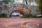 Autumn park, decorative stone pedestrian bridge by the river