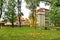 Autumn park with Hop store house in Zatec town.