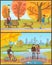 Autumn Park, Man with Dog or Couple on Bridge