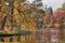 Autumn park in September in Russia, lake with red leaves and reflection, background. Beautiful autumn landscape in the park,