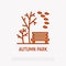 Autumn park thin line icon: bench, trees and leaves falling. Modern vector illustration