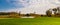 Autumn park, trees with colorful foliage, panorama