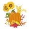 Autumn pastel pumpkin arrangement with flowers, sunflowers, dry leaves, rowan berries