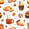 Autumn pastry and drinks flat seamless pattern. Pumpkin spice latte and cupcakes vector texture. Cappuccino, cinnamon
