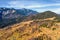 Autumn pasture and rocky mountain behind