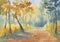 Autumn path in the forest watercolor landscape.