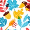 Autumn pattern with color leaves, acorns and graphic elements on white background. Ornament for textile and wrapping. Vector