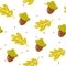 Autumn pattern with cute acorns, oak leaves and points on white background. Ornament for textile and wrapping