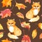 Autumn pattern - cute fox animal, red leaves. Seamless watercolor