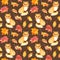 Autumn pattern - cute fox animal, red leaves. Seamless watercolor