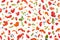 Autumn pattern from rowan, acorns, flowers and various fruits isolated on white background top view. Flat lay styling.