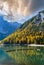 Autumn peaceful alpine lake Braies or Pragser Wildsee. Fanes-Sennes-Prags national park, South Tyrol, Dolomites Alps, Italy,