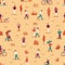 Autumn people seamless pattern. Men, women and child enjoying fall season, walk with umbrella and pets in park, ride