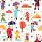 Autumn people walking pattern. Adult standing with umbrella, children jumping in leaves. City fall season walk decent