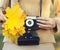 Autumn photo female hands holding retro vintage camera with yellow maple leafs closeup