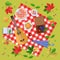 Autumn picnic in park or forest. Fall landscape, leaves and food on red plaid, top view illustration. Vector background.