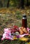 autumn picnic. on a red picnic mat there is a red thermos, two tin mugs with tea, grapes, red healthy viburnum, lemon