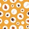 Autumn polka dot pattern with fall elements. Woodland Scandinavian design with hedgehog, plant, mushroom, leaf. Yellow