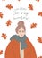 Autumn postcard. Girl with messy bun in red coat and scarf. Oak tree leaves falling