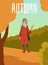 Autumn poster with cartoon woman in fall nature holding orange leaf