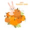 Autumn poster. Happy cute rabbit sits on huge pile of pumpkins. Harvesting vegetables. Happy pumpkin time. Vector