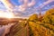 Autumn in Prague, golden sunset at Vyshegrad. Beautiful park in the historic district, viewpoint, Czech Republic, Europe