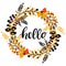 Autumn pretty background with hand drawn plants in a circle and word hello