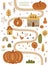 Autumn pumpkin harvest festival in village. Cute map with pumpkins, houses, farm cottage, chicken, tree. Fall invitation
