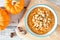 Autumn pumpkin oatmeal overhead table scene