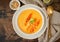 Autumn pumpkin soup with smoked paprika, pine nuts, vegetarian dish