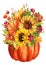 Autumn Pumpkin, sunflowers, leaves. Thanksgiving Day. Autumn decor. Watercolor illustration isolate on white background