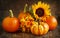 Autumn pumpkins, asters and sunflower