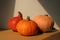 Autumn pumpkins, dark moody poster. Different squashes, edible gourd. Hard sunlight, dark shadow. Halloween, Thanksgiving Day,