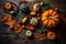 Autumn pumpkins and leaves on a dark wooden table, for Thanksgiving and Halloween. View from above. Generative AI