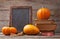 Autumn pumpkins on wooden table