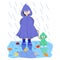 Autumn rain. Girl with a dog walking in raincoats