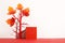 Autumn red podium or display for product presentation. orange leaves on tree near wood pedestal. copy space for text or cosmetic