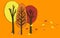 Autumn related wallpaper with trees and falling leaves, mushroom and pumpkin on orange background