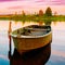 Autumn River Or Lake And Old Green Rowing Boat