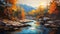 Autumn River Painting: Mountainous Vistas With Vibrant Colors