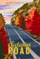 Autumn Road travel vintage poster, autumn road. Retro illustration